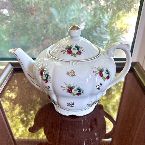 Vintage Floral Musical Teapot White Gold Accents Japan Porcelain - Picture 1 of 15